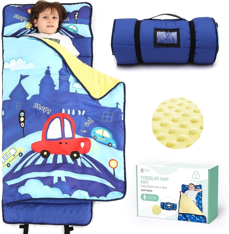 ACRABROS Toddler Nap Mat with Pillow and Blanket, Extra Large Rolled Napping Mats,Slumber Bags for Boys Girls,Kids Sleeping Bag for Daycare, Preschool Travel Camping, Crosswalk Car - Image 1